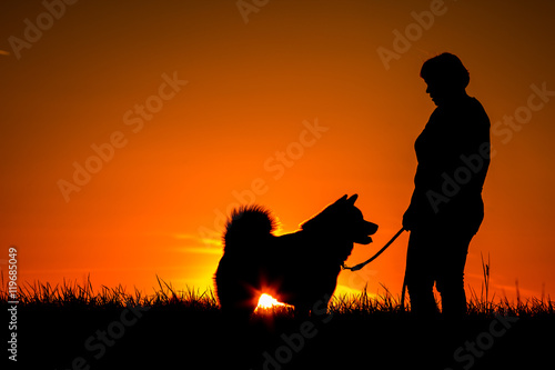 Silhouette of a woman with her Akita Inu dog on a meadow, golden