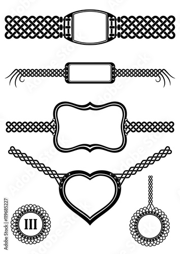 Set of template badges with buckle tails interlaced into plait patterns. Black and white vector graphic design elements.