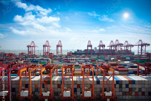 Photography Closeup Industrial port with containers, Shanghai Yangshan deepwater port is a deep water port for container ships in Hangzhou Bay south of Shanghai, China