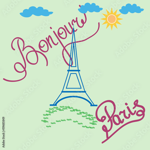 T shirt typography graphic with quote Bonjour Paris.