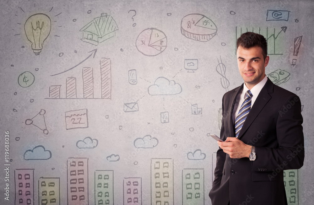 Colorful drawings on wall with businessman Colorful drawings on wall with businessman