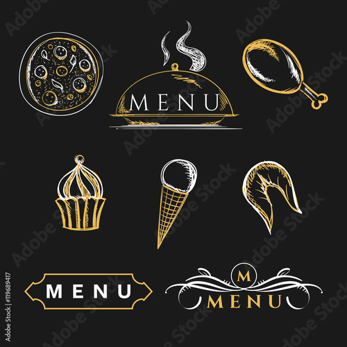 Set of design elements nutritious foods culinary for brochures. Menu food, chicken ham, dessert, ice cream, pizza and baked cupcake. Tray round, with lid and hand calligraphy style sketch