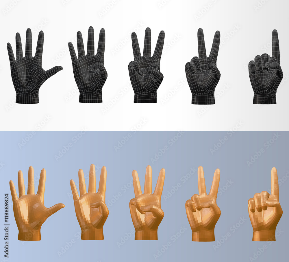 Obraz premium 3D vector polygonal counting hand pose set in various style
