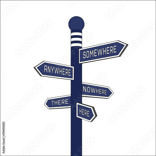 Blue signpost. Direction signs: here, there, anywhere, nowhere, somewhere. Isolated illustration. Vector