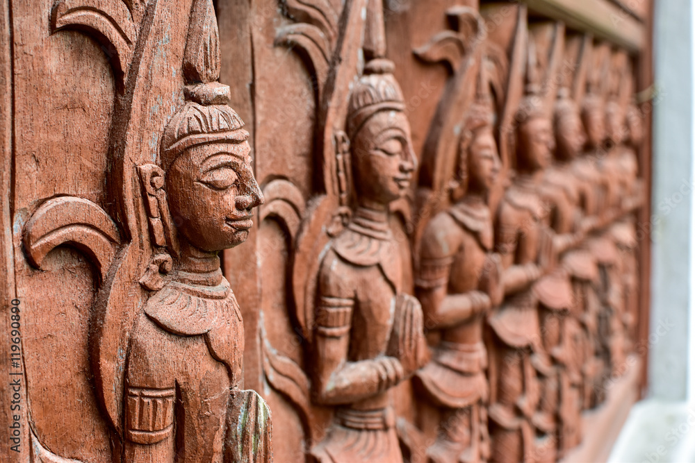 Traditional Thai style Wood Carving, Engraving decoration of Temple in Thailand. Traditional Thai style Wood Carving, Engraving decoration of Temple in Thailand.