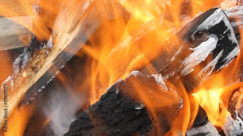 Bright burning wood, campfire macro video