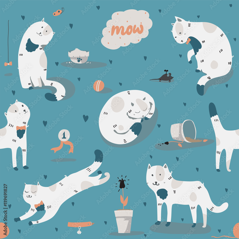 Seamless pattern with kind funky white cats, fun, stylish. Vector illustration with cat accessories - food, toys, broken flower. Kittens are playing, jumping, sleeping on blue background