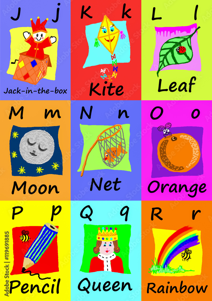 Alphabet flash cards J-R. Naive illustrations.