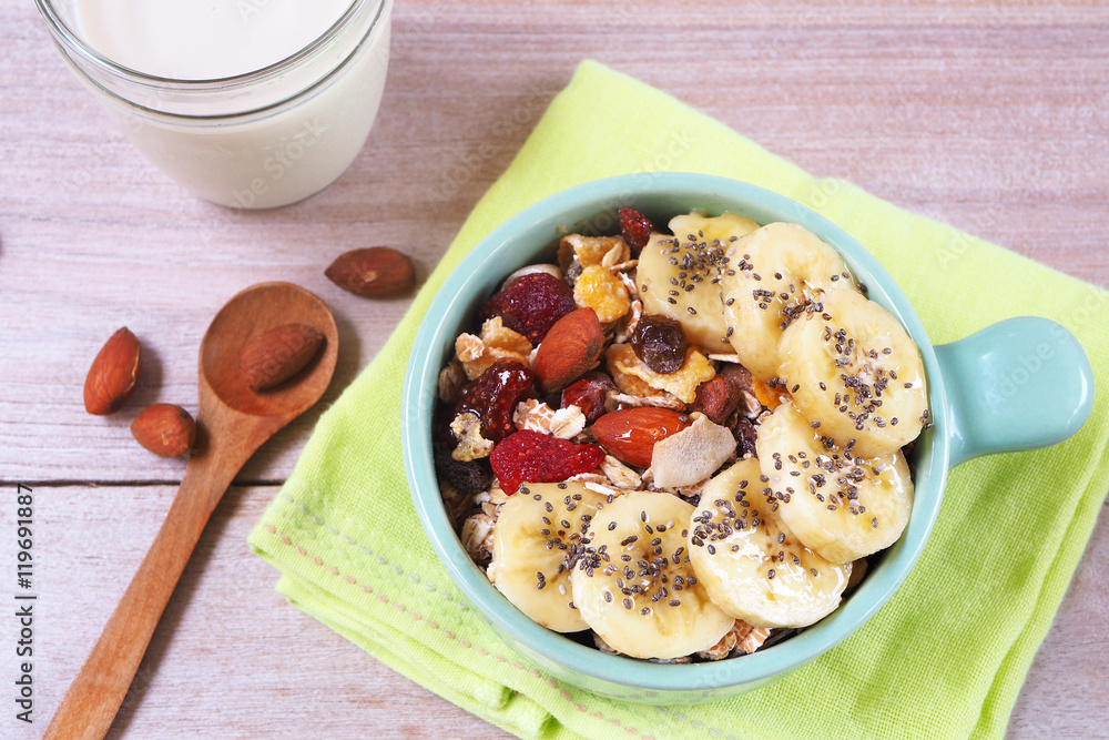 Top view of a bowl of Muesli with dried fruit, nuts and bananas on a wooden table. Top view of a bowl of Muesli with dried fruit, nuts and bananas on a wooden table.