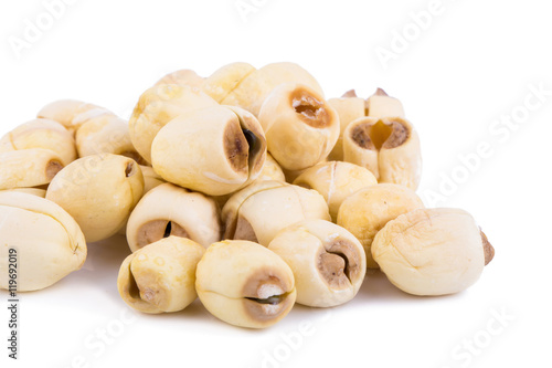 Dried lotus seeds on white background