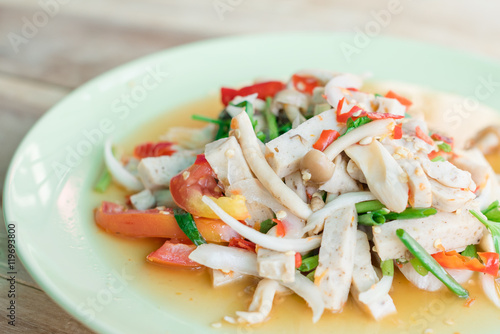 Selective focus Thai spicy mushroom salad Thai food