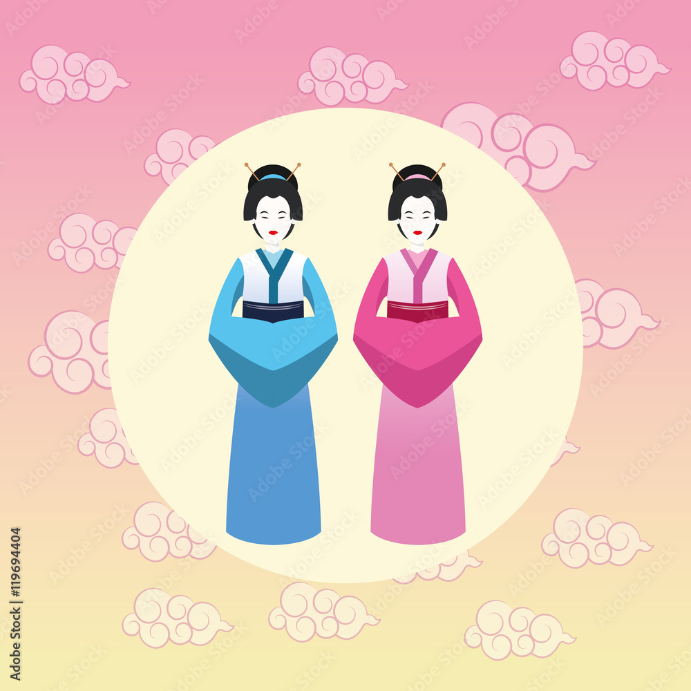 woman girls cloth japan culture landmark asia famous icon. Colorful and seal stamp design. Vector illustration woman girls cloth japan culture landmark asia famous icon. Colorful and seal stamp design. Vector illustration