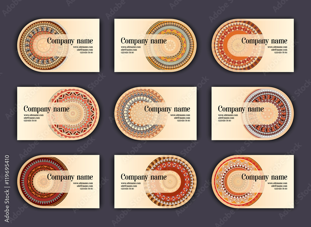 Vintage business visiting cards set. Ornamental mandala, ethnic circle decorative elements .
