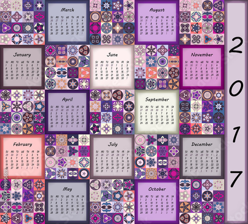 Calendar 2017. Vintage decorative colorful elements. Ornamental patchwork oriental pattern  vector illustration.
