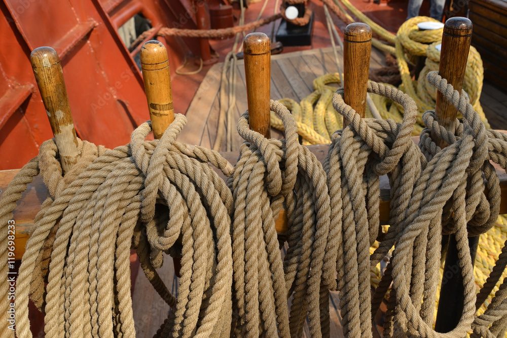 Ship tackles on the sailing vessel, a close up