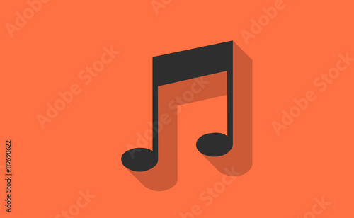 Vector black music note with long shadow on flat background