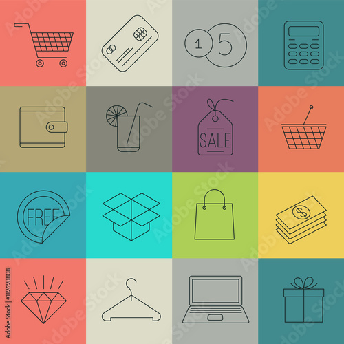 Vector shopping and store thin line icon set.