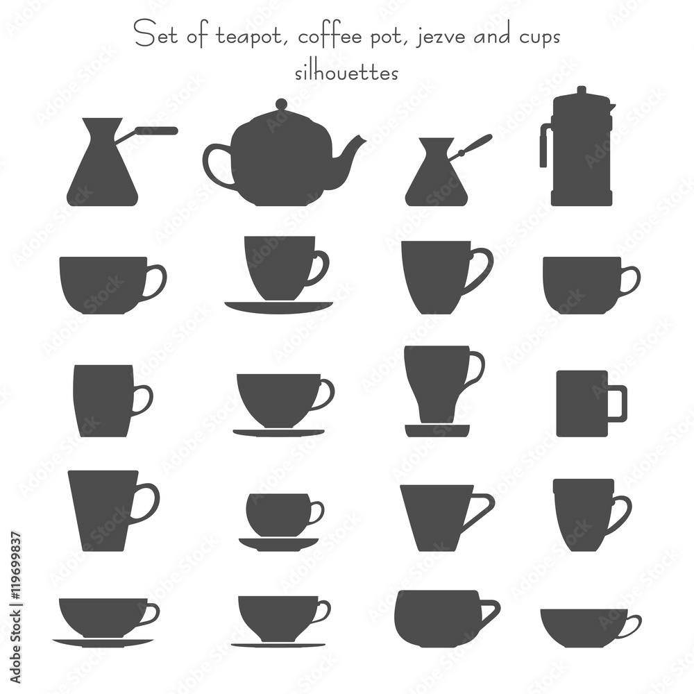 Vector illustration of 16 coffee and tea cups, cezves, teapot and french press set. Isolated dishes on white background. Fully editable collection for packaging design, decor and your other projects. Vector illustration of 16 coffee and tea cups, cezves, teapot and french press set. Isolated dishes on white background. Fully editable collection for packaging design, decor and your other projects.