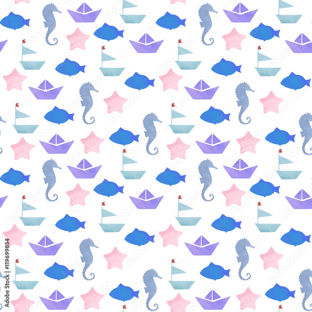 Cute marine life doodle seamless pattern. Beautiful background design.