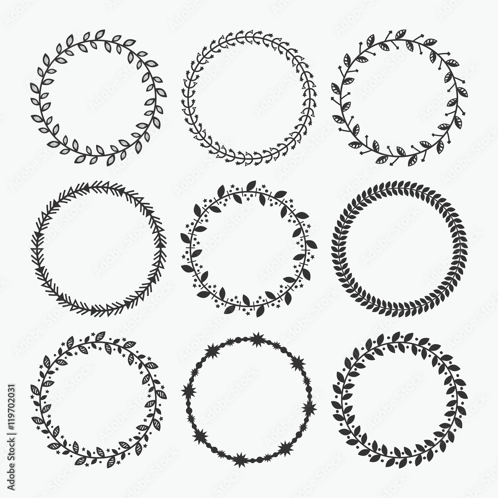 Black silhouette circle leaves border pattern emblems set on white background