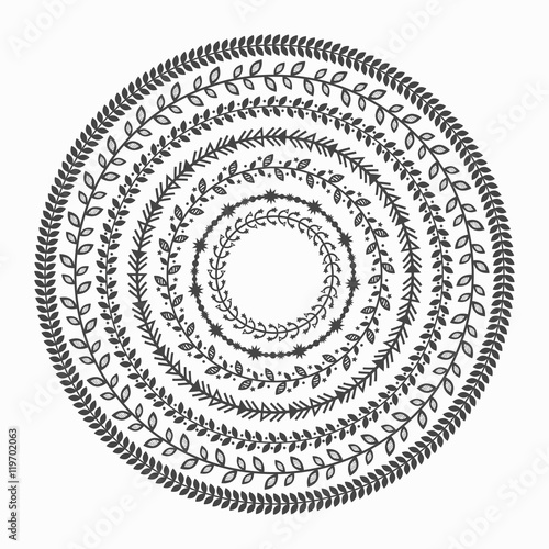 Black silhouette inner circles leaves border patterns emblems on white background