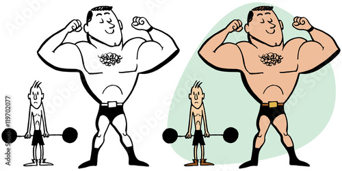 Skinny man envying a muscular bodybuilder