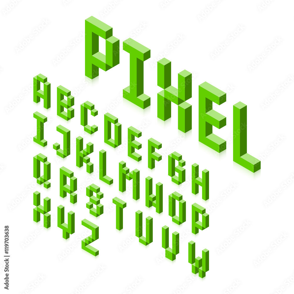 Fototapeta premium Isometric 3d pixel font, three-dimensional alphabet letters