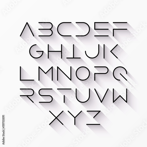 Thin line style, linear uppercase modern font with long shadow, typeface, minimalist style. Latin alphabet letters photo