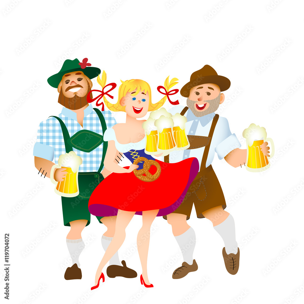 bavarian men and woman with a big glass of beer bavarian men and woman with a big glass of beer