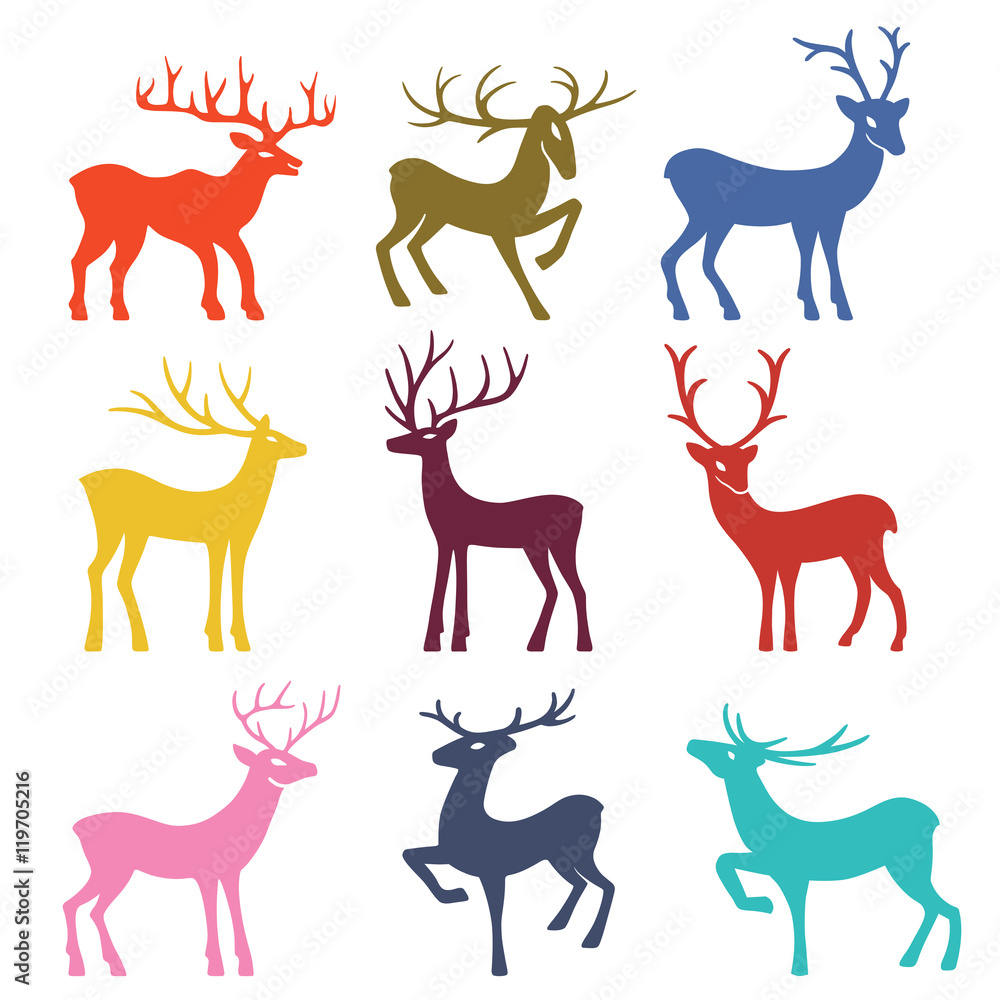 Nine colored deer silhouettes Nine colored deer silhouettes