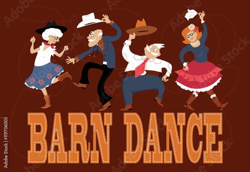 Senior people dressed in traditional western costumes dancing at a barn dance, EPS 8 vector illustration, no transparencies