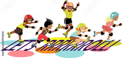 Group of children roller skating , EPS 8 vector illustration, no transparencies