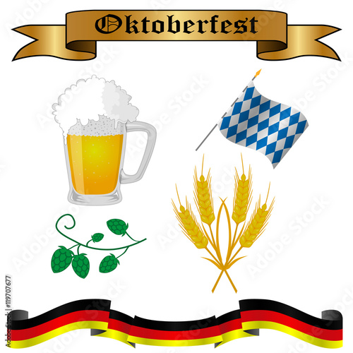 Oktoberfest vector illustration. Beer, wheat, frag, sausage, bread and pretzel