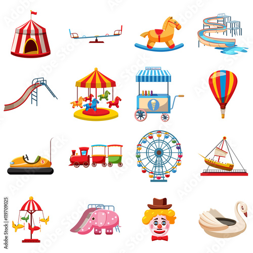 Amusement park icons set in flat style. Attraction park set collection vector illustration