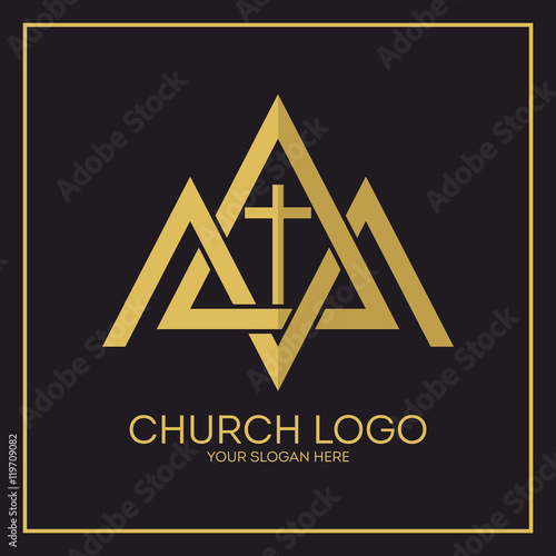 Church logo. Christian symbols. Triangles, mountains, the cross of Jesus.