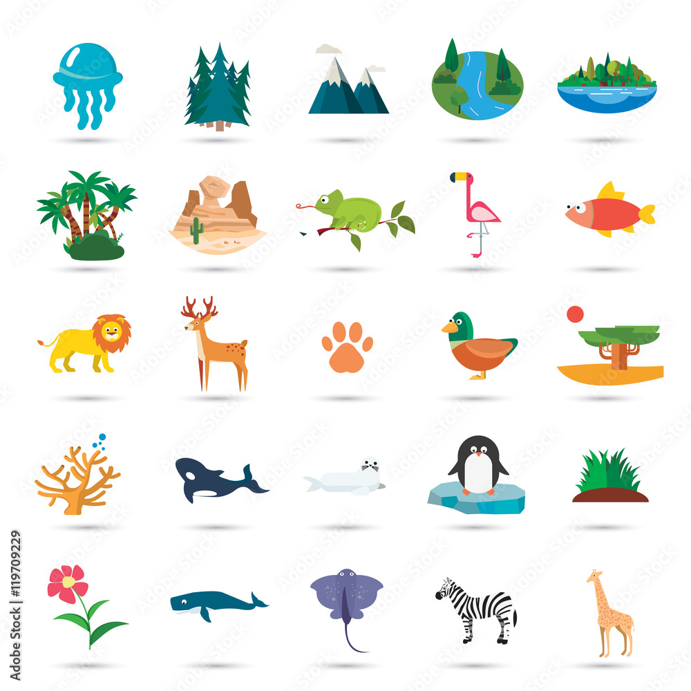 Set of twenty five color flat nature icons