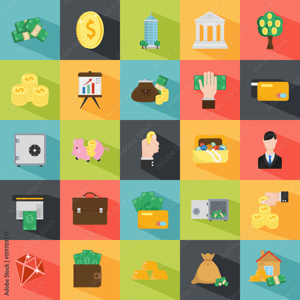 Set of twenty five money and finance color flat icons Set of twenty five money and finance color flat icons