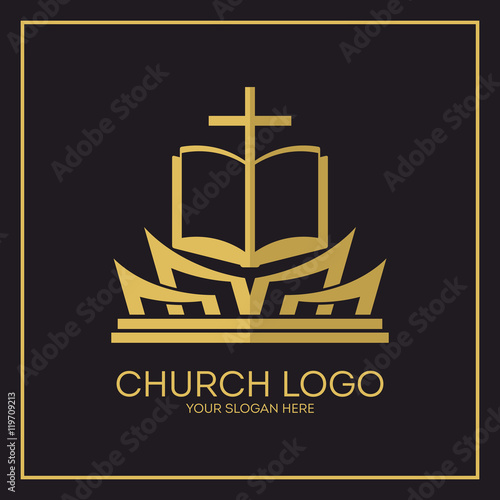 Church logo. Christian symbols. Holy bible and Jesus cross.