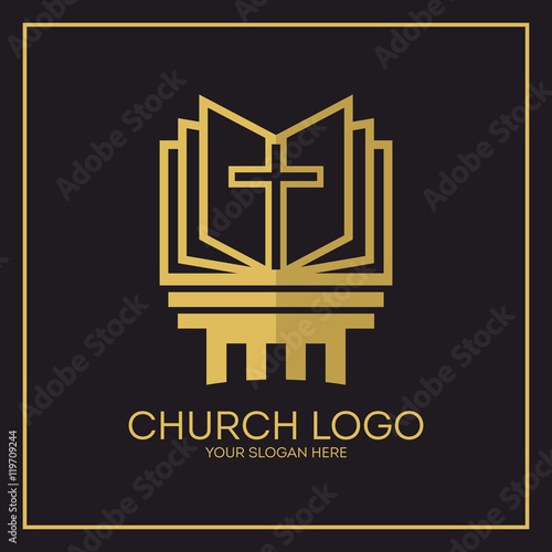 Church logo. Christian symbols. Holy bible and Jesus cross.