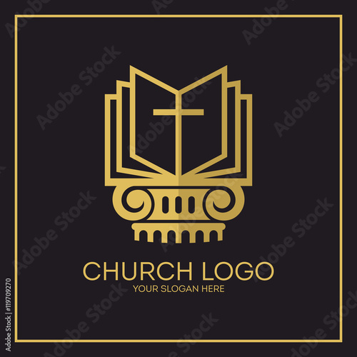 Church logo. Christian symbols. Holy bible and Jesus cross.