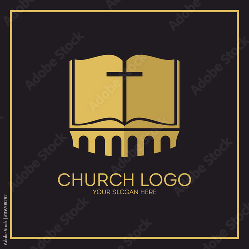 Church logo. Christian symbols. Holy bible and Jesus cross.