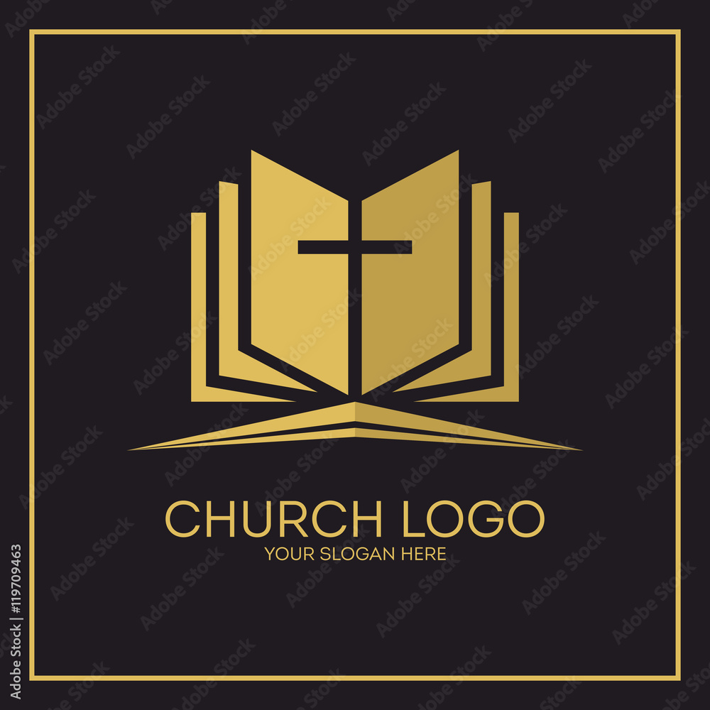 Church logo. Christian symbols. Holy bible and Jesus cross.