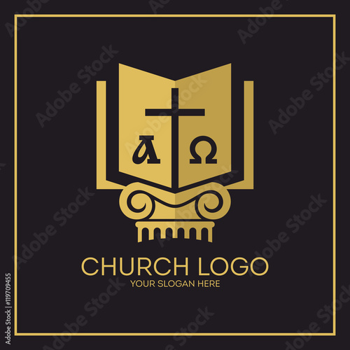 Church logo. Christian symbols. Holy bible, cross, alpha and omega.