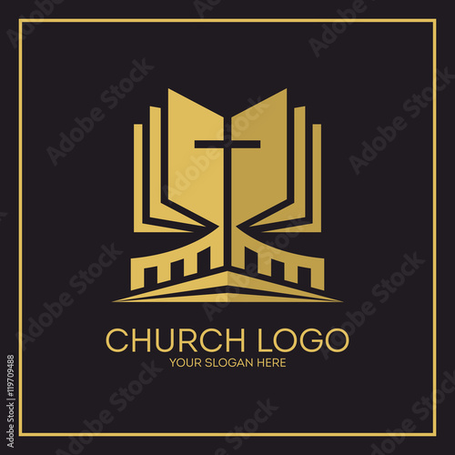 Church logo. Christian symbols. Holy bible and Jesus cross.