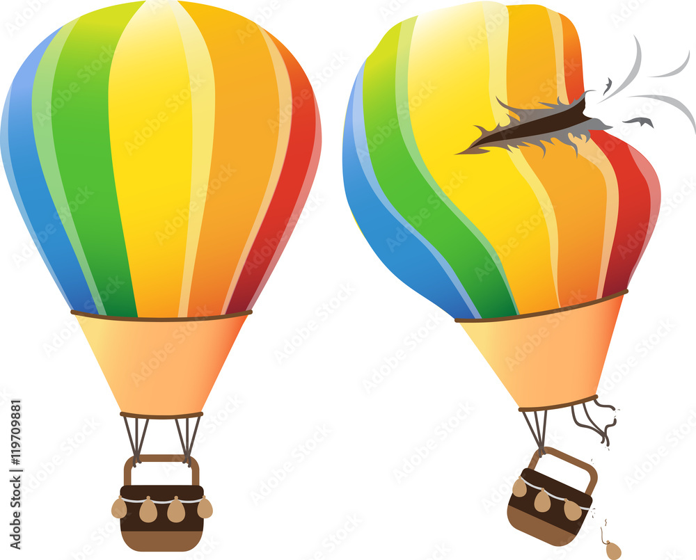 Fototapeta premium Colourful hot air balloon flying in the sky on a white background. vector illustration. with crash broken hole air balloon