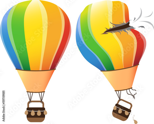 Colourful hot air balloon flying in the sky on a white background. vector illustration. with crash broken hole air balloon