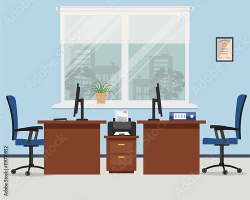 Workplace for two office workers in blue color. Vector flat illustration. On the picture the tables, a chairs, the computers, printer and other objects are situated on a window background
