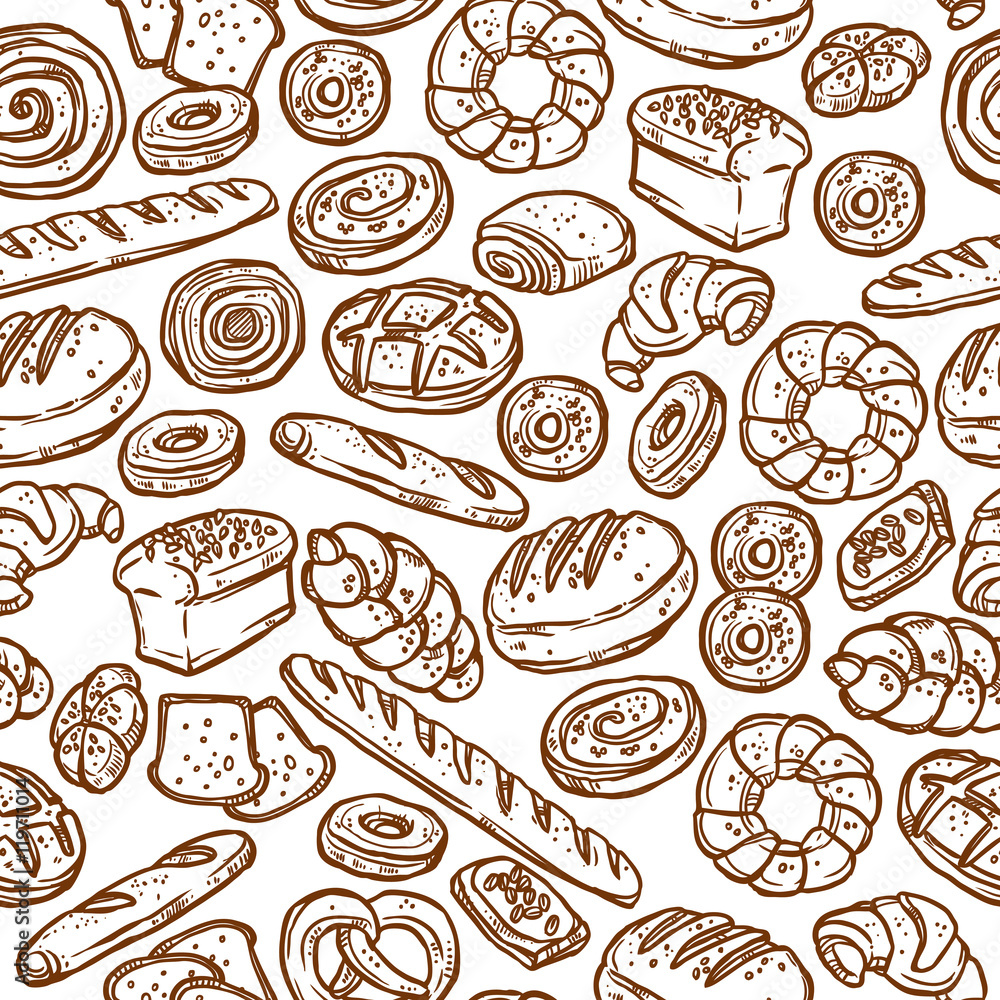 Bakery In Sketch Style Seamless Pattern On White Background Bakery In Sketch Style Seamless Pattern On White Background