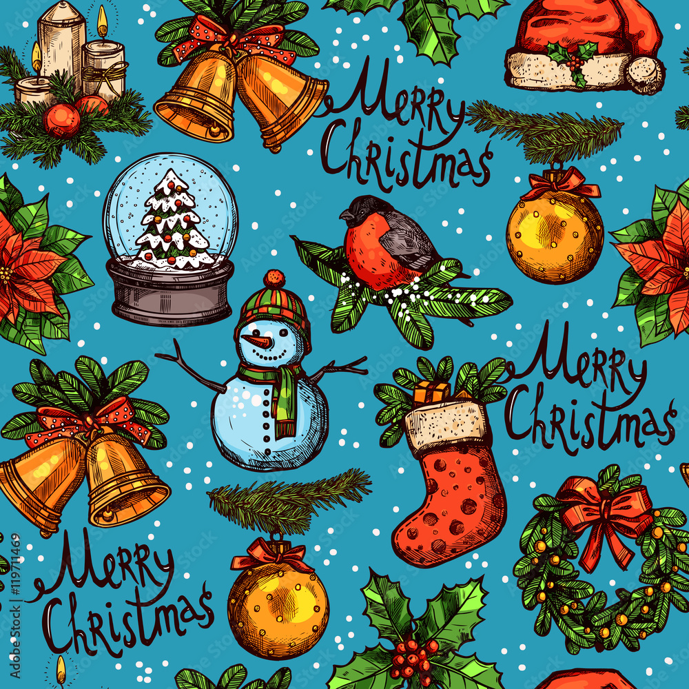 Naklejka premium Christmas Color Seamless Pattern With Sketch Objects
