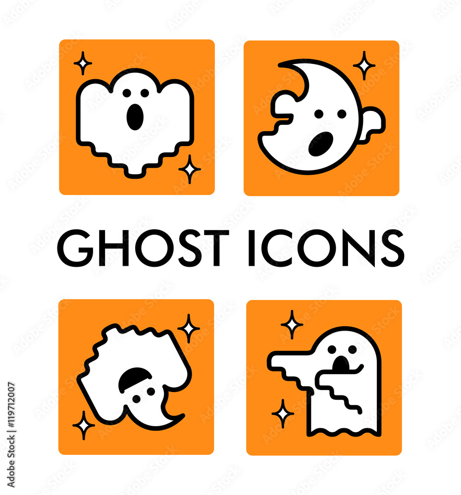 Vector icon set with ghosts characters. Halloween illustration. Cartoon flat style.